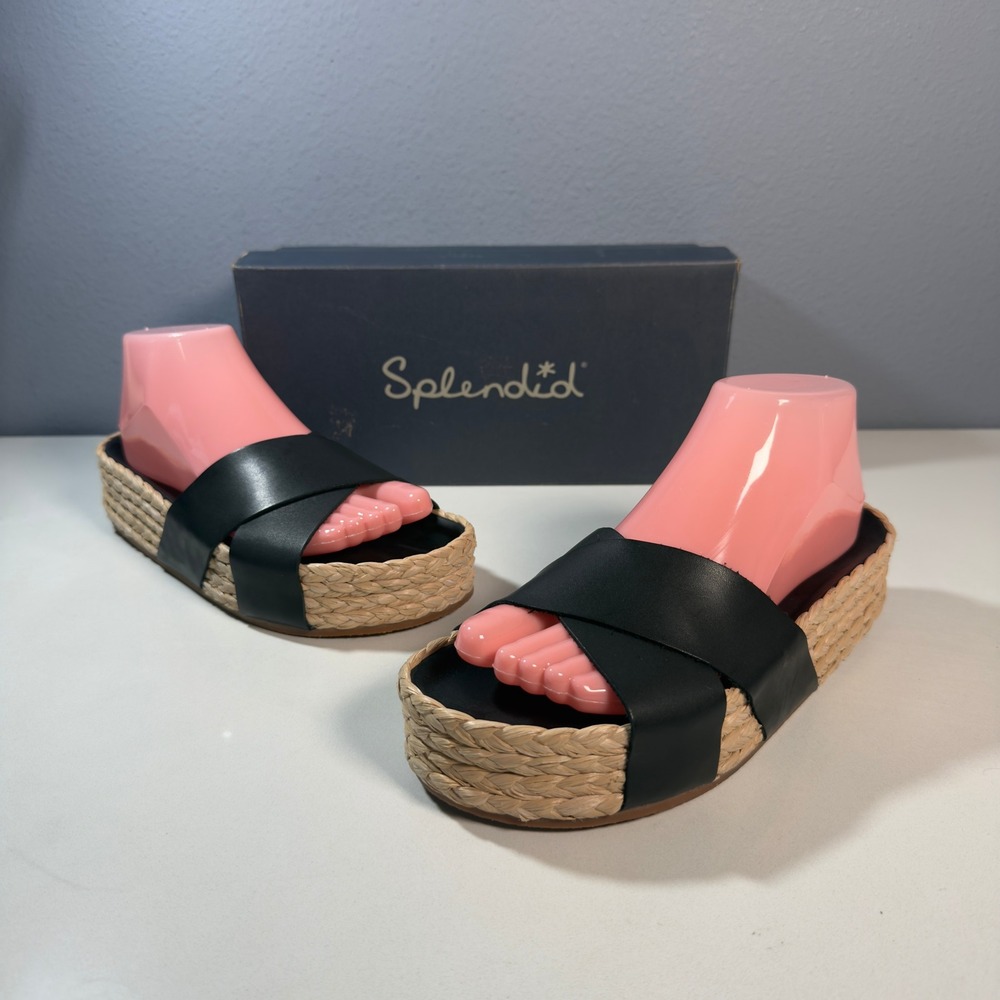 Splendid Becki Sandals Women 6.5 Black New Leather Espadrille Platform Slides
